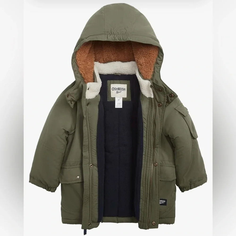 OshKosh B'gosh Olive Green Hooded Parka with Brown Sherpa Lining